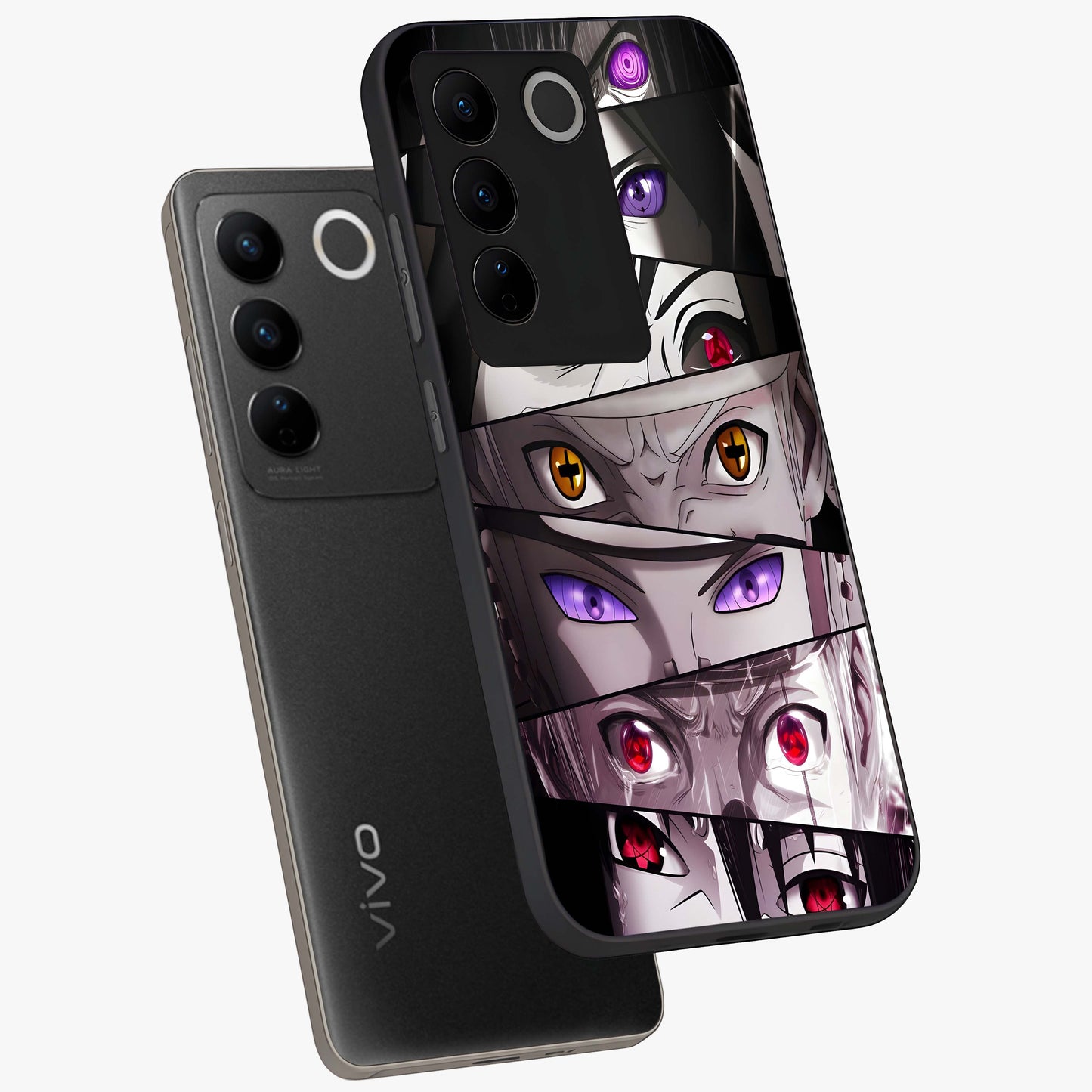 Eyes of Destiny Glass Case displayed in angled mockup highlighting bold eye illustration with mystical aesthetic style.