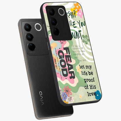 Faith Over Fear Glass Case displayed in angled mockup highlighting inspirational message design with modern aesthetic style.