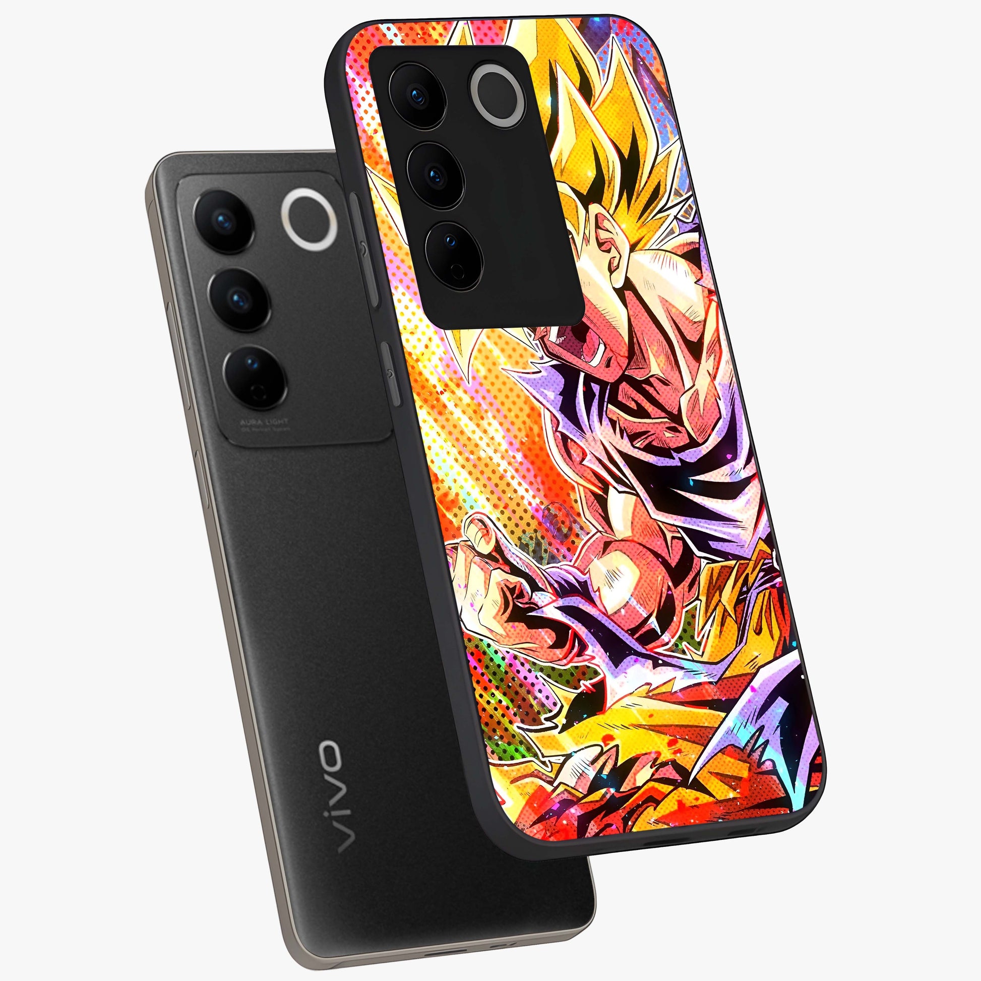 Firing Goku Glass Case displayed in angled mockup highlighting dynamic anime character design with action aesthetic.