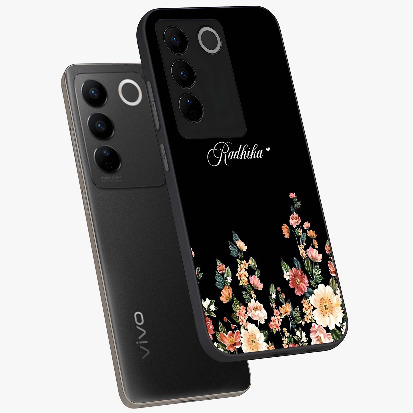 Floral Design With a Custom Personalized Name Glass Case displayed in angled mockup highlighting elegant floral pattern with custom name feature.