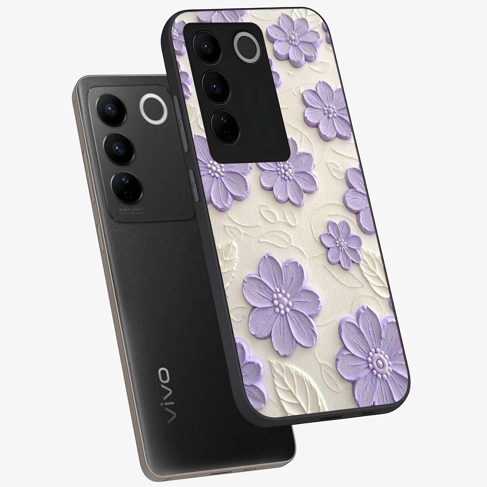 Floral Wall Art With Purple Flowers Glass Case displayed in angled mockup highlighting vibrant purple floral illustration with artistic aesthetic.