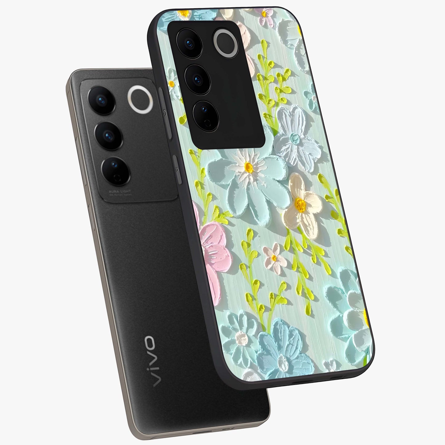 Frosted Petal Garden Glass Case displayed in angled mockup highlighting delicate flower petal design with calm garden aesthetic.