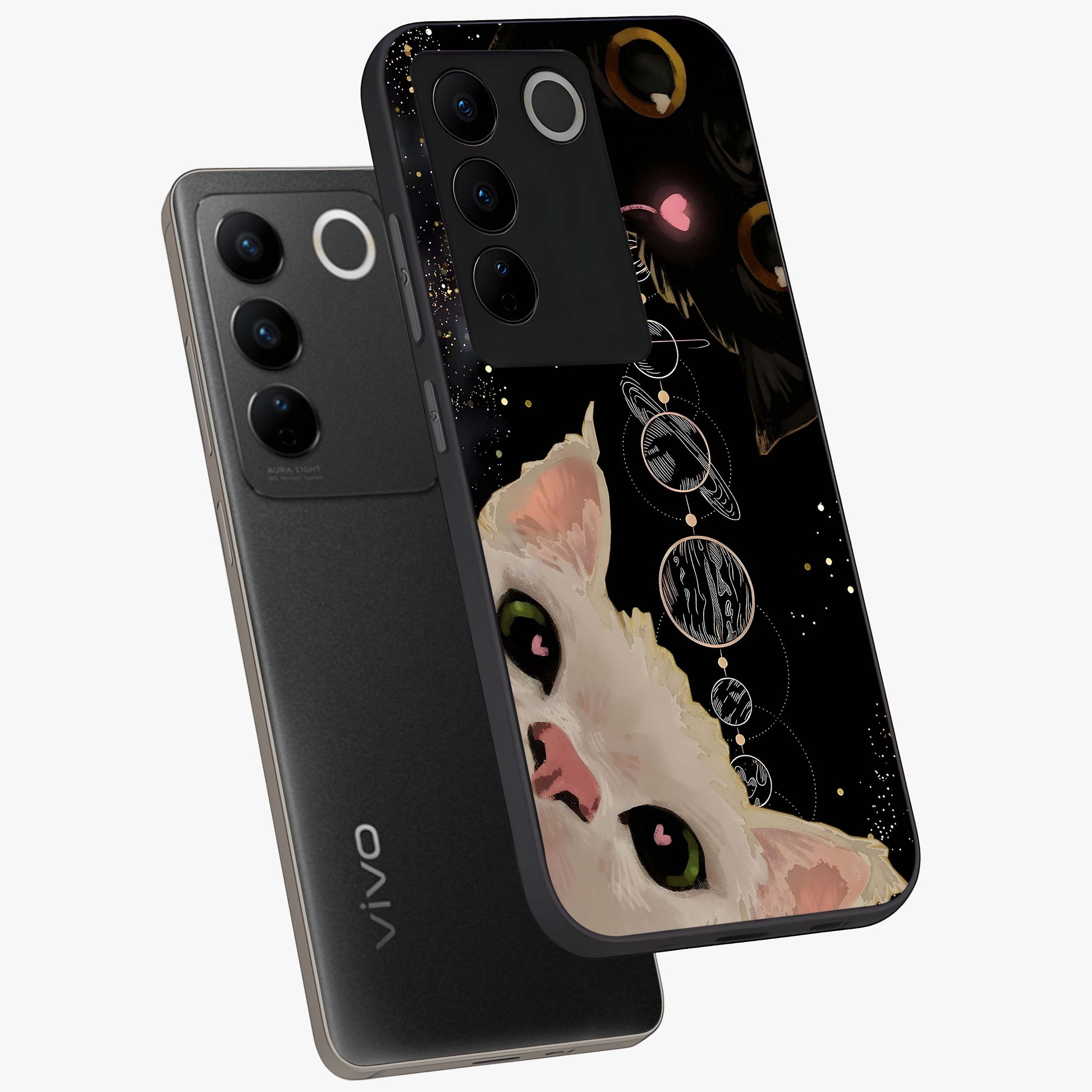 Galactic Cat Glass Case displayed in angled mockup highlighting celestial feline illustration with galaxy aesthetic style.