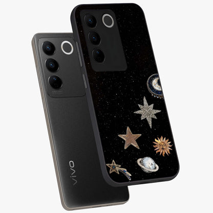 Galactic Charm Glow Glass Case displayed in angled mockup highlighting luminous galaxy inspired design with dreamy aesthetic.