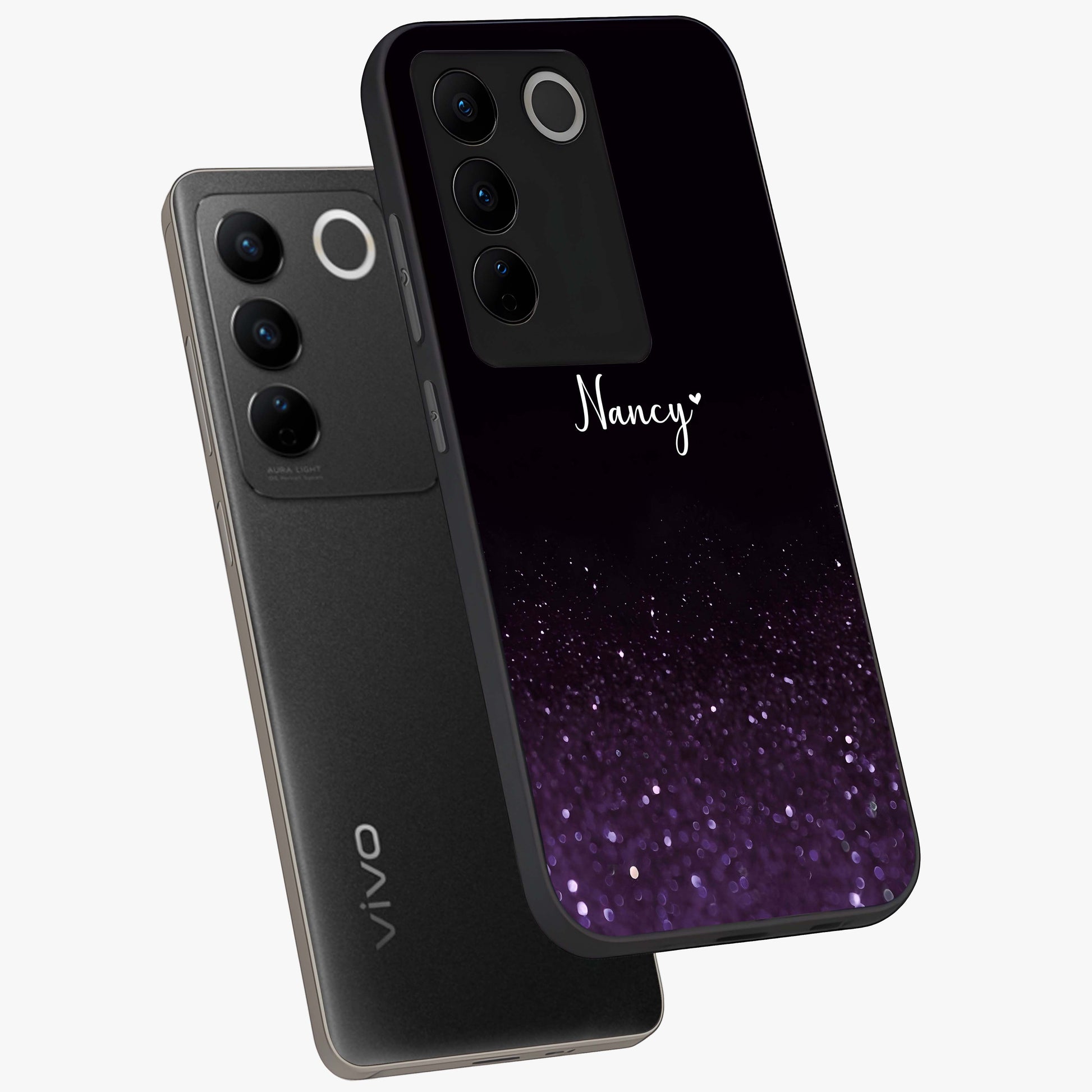 Glittery Purple Bokeh Custom Name Glass Case displayed in angled mockup highlighting glitter bokeh pattern with custom name feature.