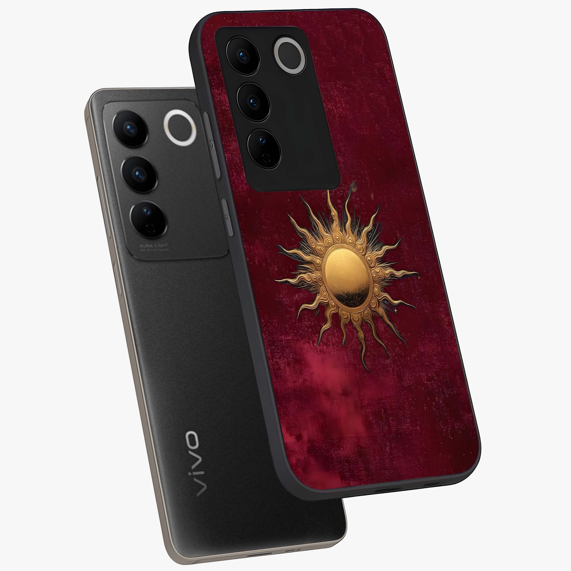 Golden Sun Minimalism Glass Case displayed in angled mockup highlighting clean sun symbol design with modern minimal aesthetic.