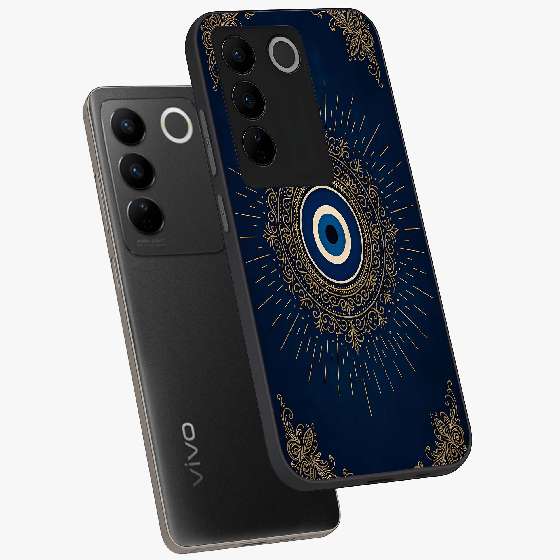 Golden Celestial Charm Glass Case displayed in angled mockup highlighting sparkling cosmic charm design with celestial aesthetic.