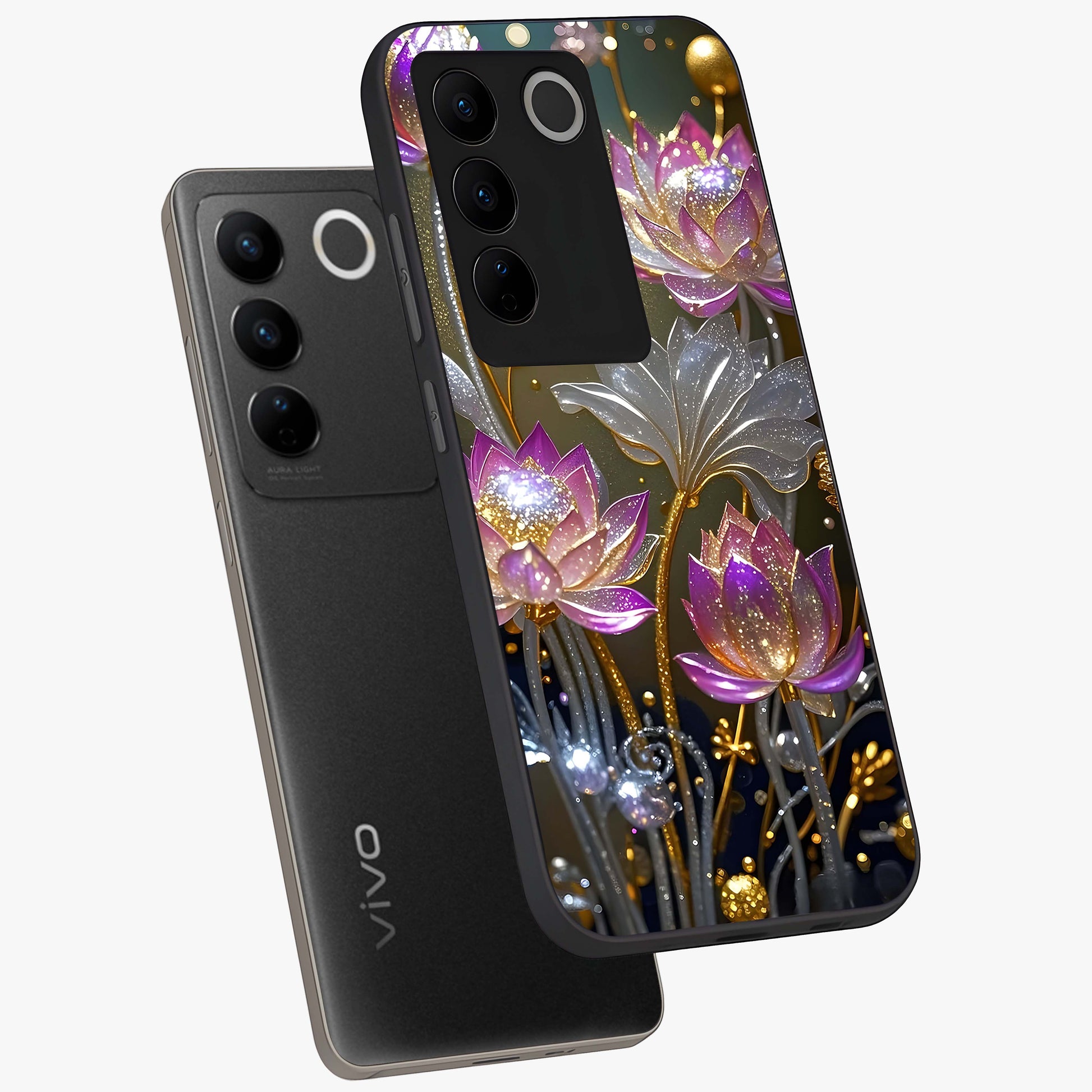 Golden Floral Majesty Glass Case displayed in angled mockup highlighting elegant flower design with royal golden aesthetic.