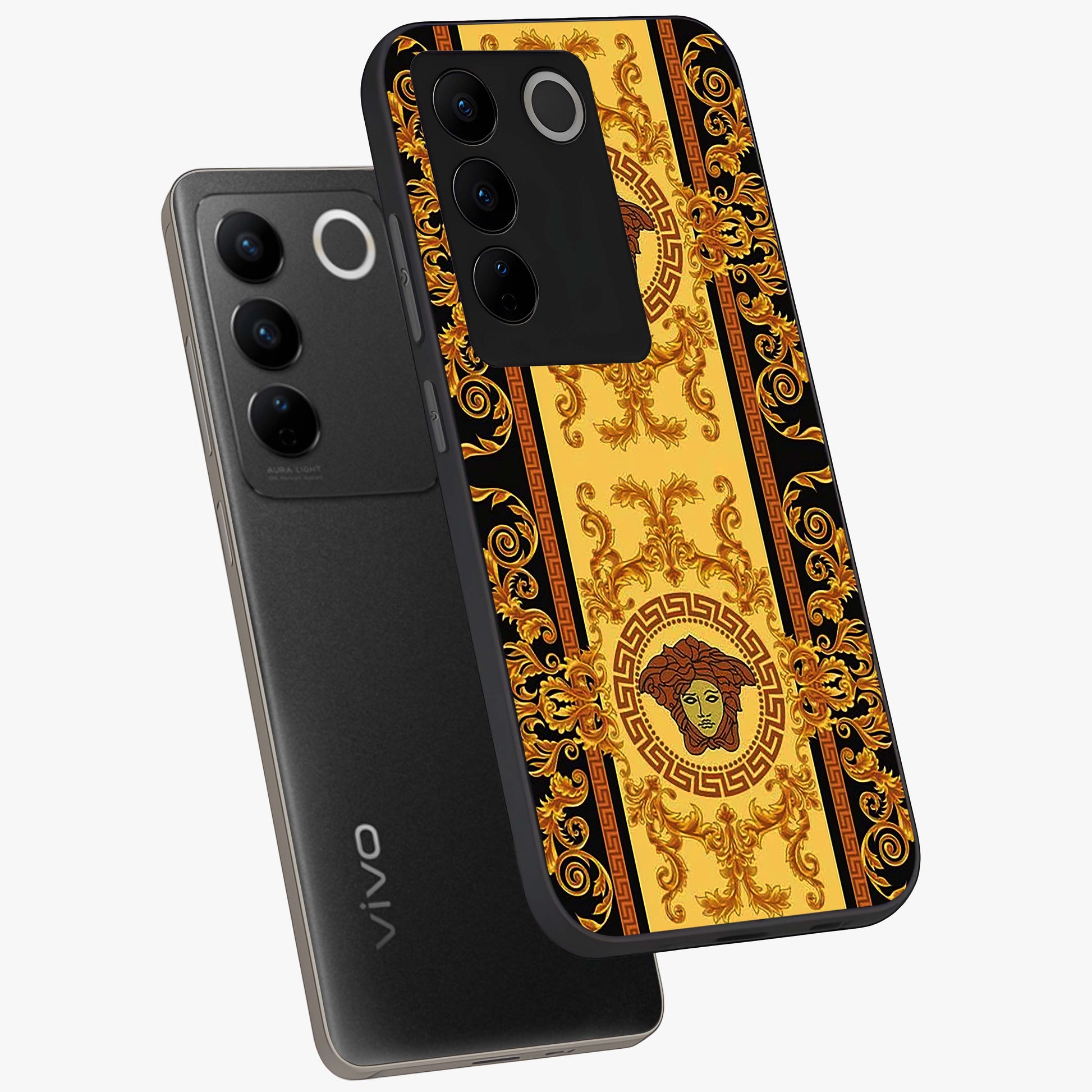 Golden Lotus Glow Glass Case displayed in angled mockup highlighting radiant lotus illustration with spiritual aesthetic.