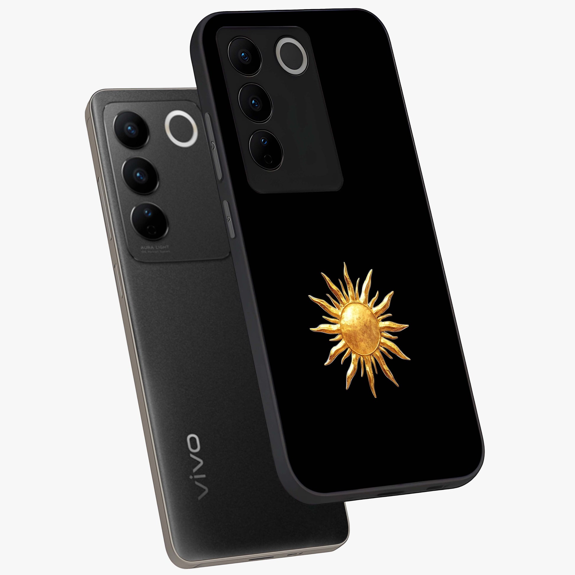 Golden Sun Minimalism Glass Case displayed in angled mockup highlighting eerie shadow illustration with gothic aesthetic.