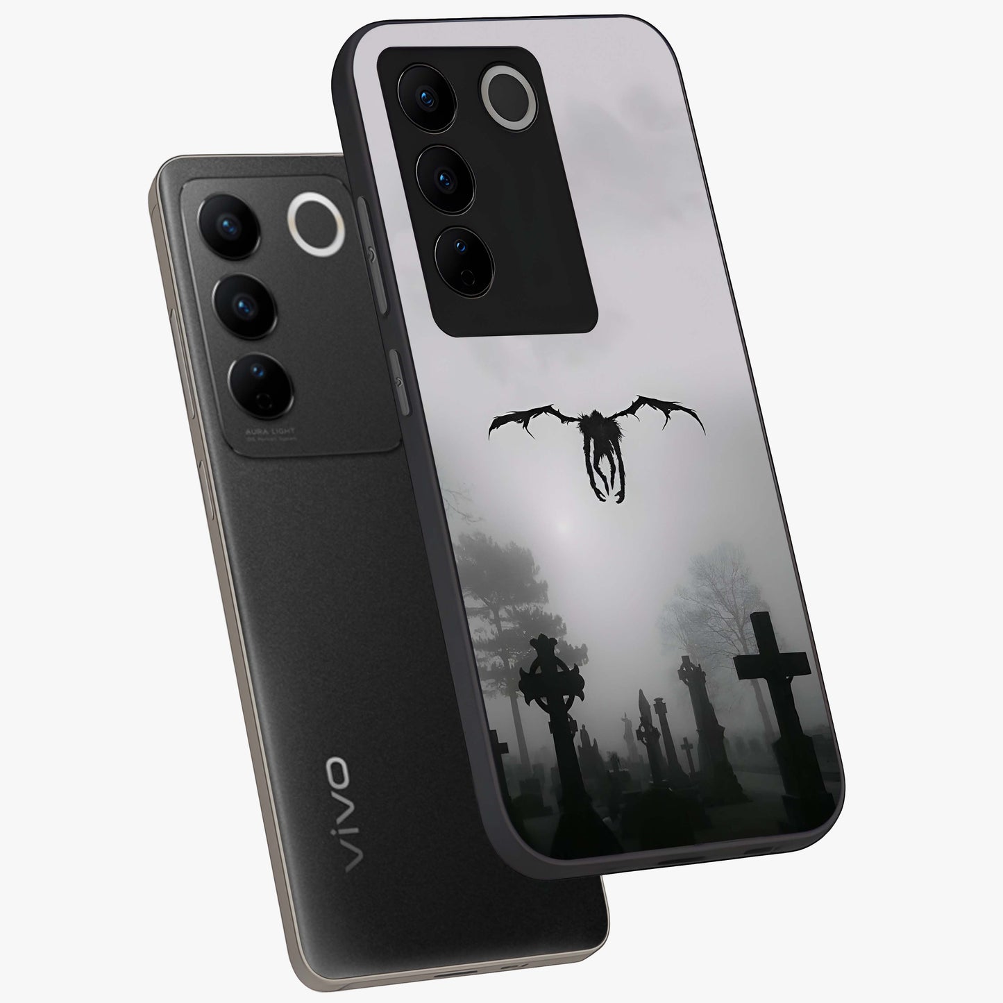 Graveyard Shadow Descent Glass Case displayed in angled mockup highlighting eerie shadow illustration with gothic aesthetic.