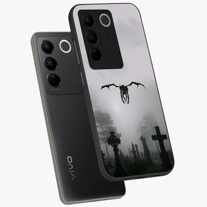 Graveyard Shadow Descent Glass Case displayed in angled mockup highlighting eerie shadow illustration with gothic aesthetic.