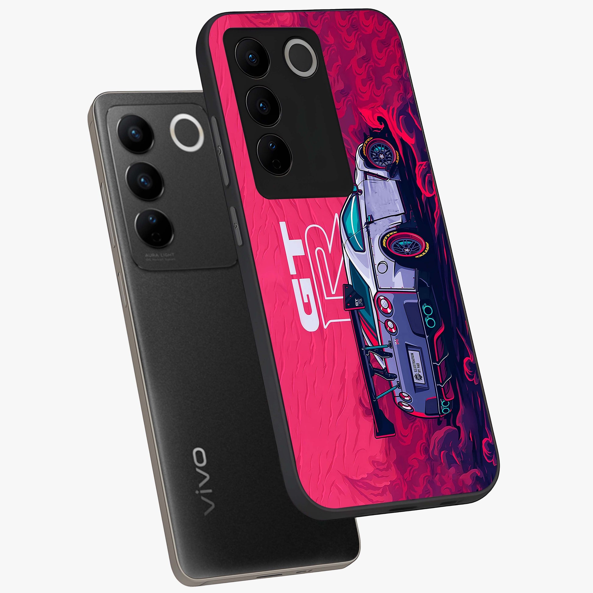 GT-R Car Pattern Glass Case displayed in angled mockup highlighting racing car graphic design with bold automotive aesthetic.