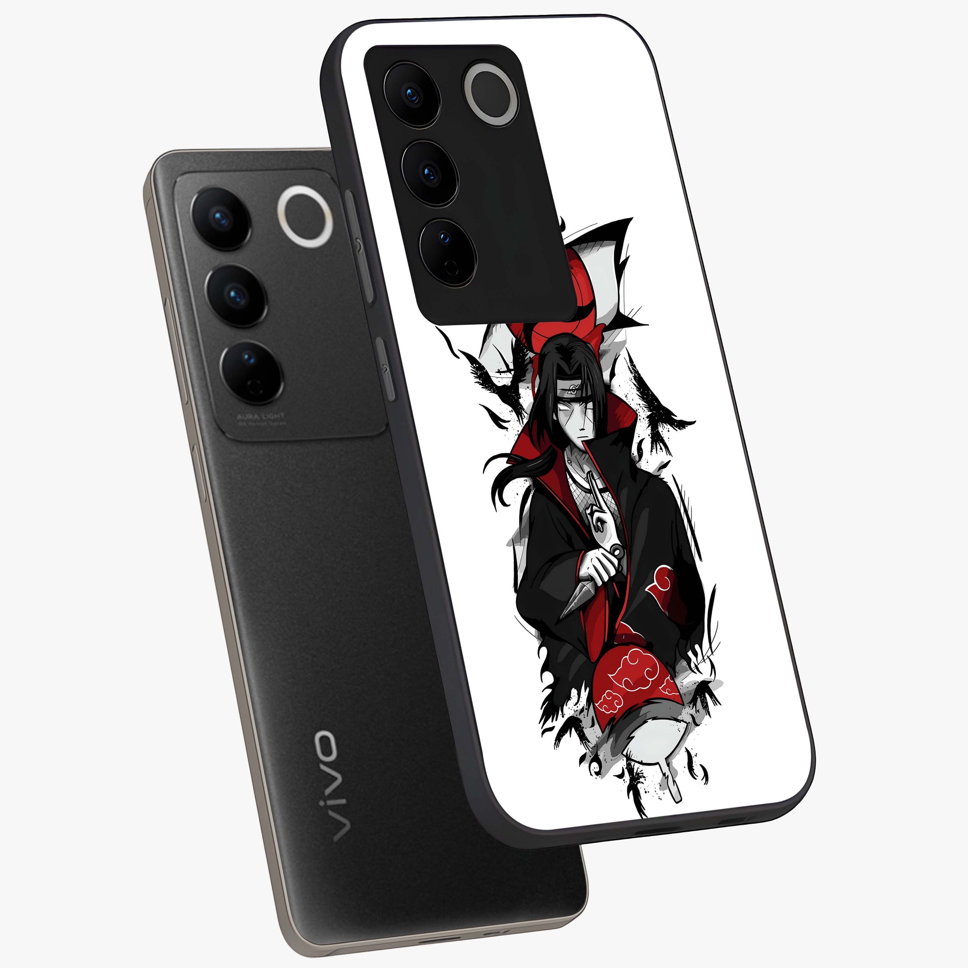 Itachi Limited Edition Naruto Anime Glass Case displayed in angled mockup highlighting dramatic anime illustration with bold action aesthetic.