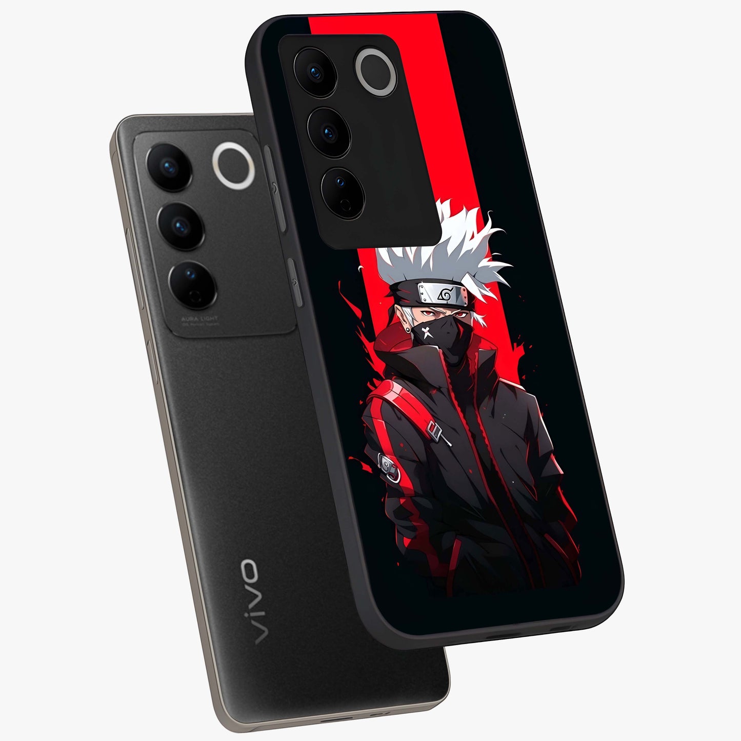 Kakashi Scarlet Shadow Glass Case displayed in angled mockup highlighting dramatic ninja illustration with scarlet themed aesthetic.