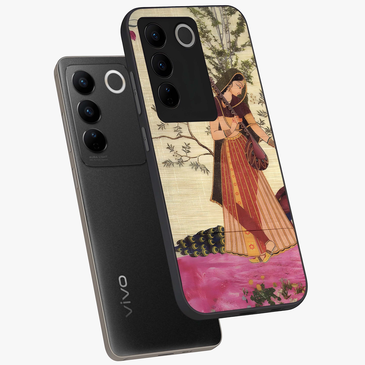 Lady With Veena Art Glass Case displayed in angled mockup highlighting graceful musical illustration with cultural artistic aesthetic.