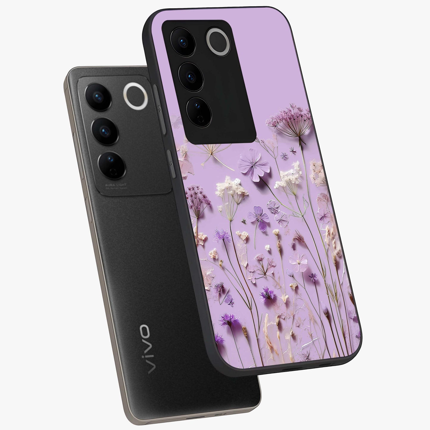 Lavender Blossom Dream Glass Case displayed in angled mockup highlighting dreamy lavender flower design with calming aesthetic style.