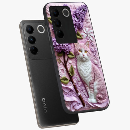 Lavender Cat Whimsy Glass Case displayed in angled mockup highlighting playful feline illustration with pastel lavender aesthetic.