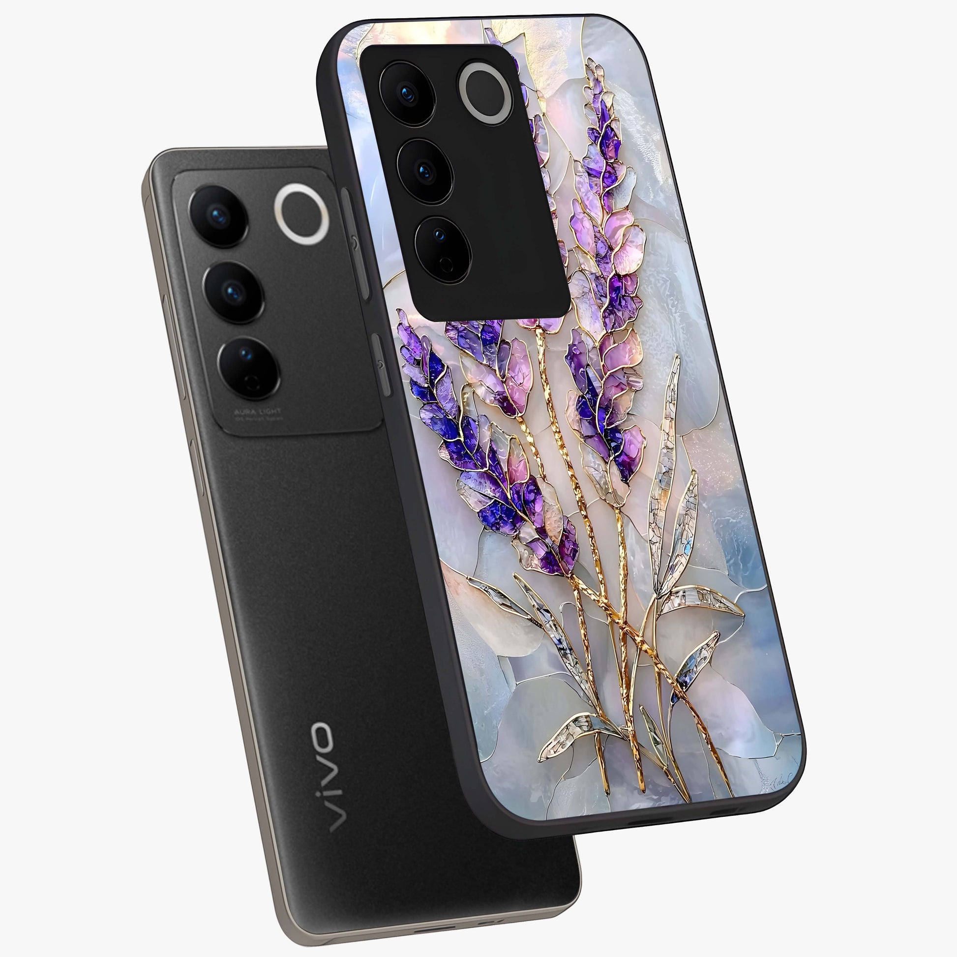 Lavender Dream Glow Glass Case displayed in angled mockup highlighting dreamy purple glow design with soft artistic style.