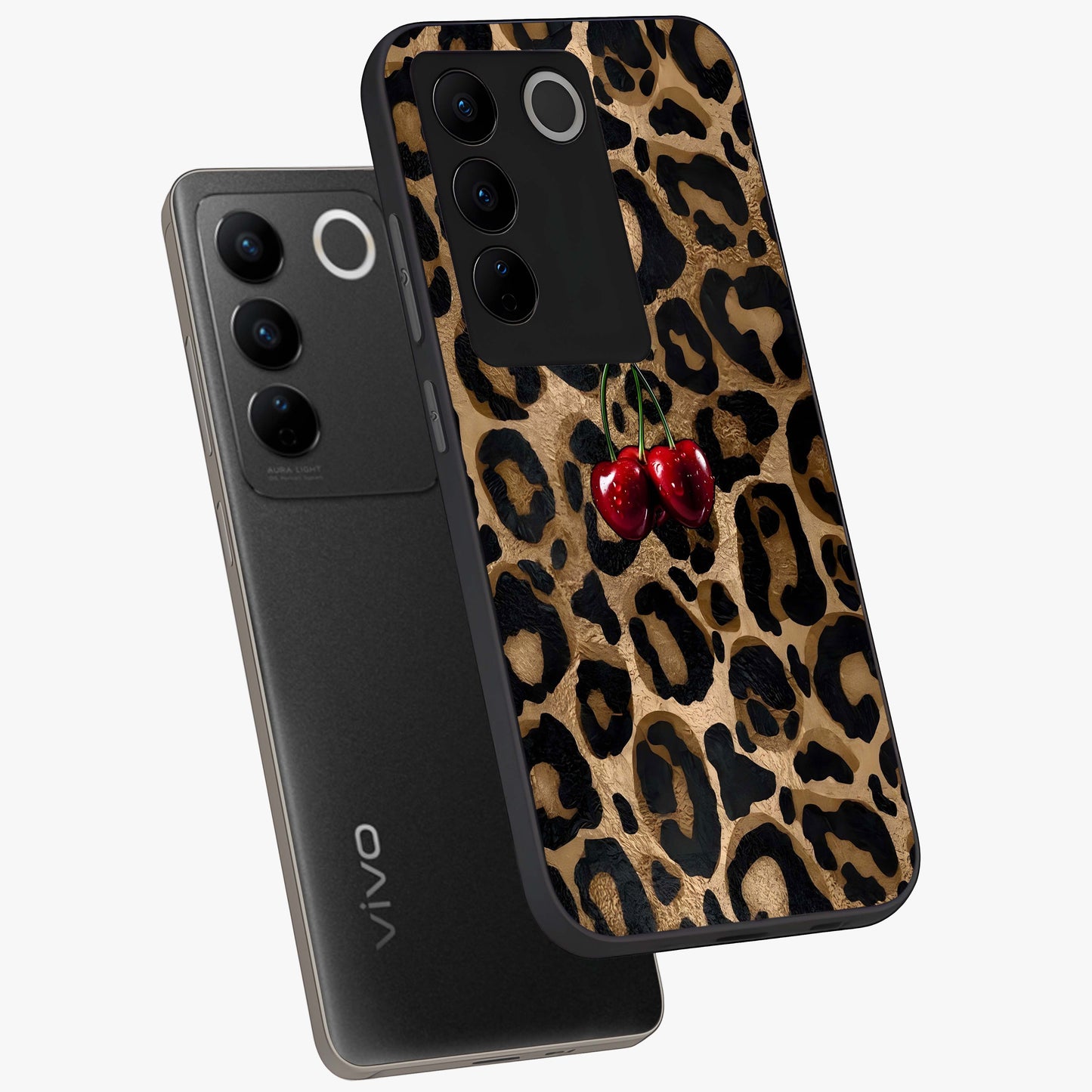 Leopard Wild Cherry Glass Case displayed in angled mockup highlighting bold animal print design with playful cherry aesthetic.