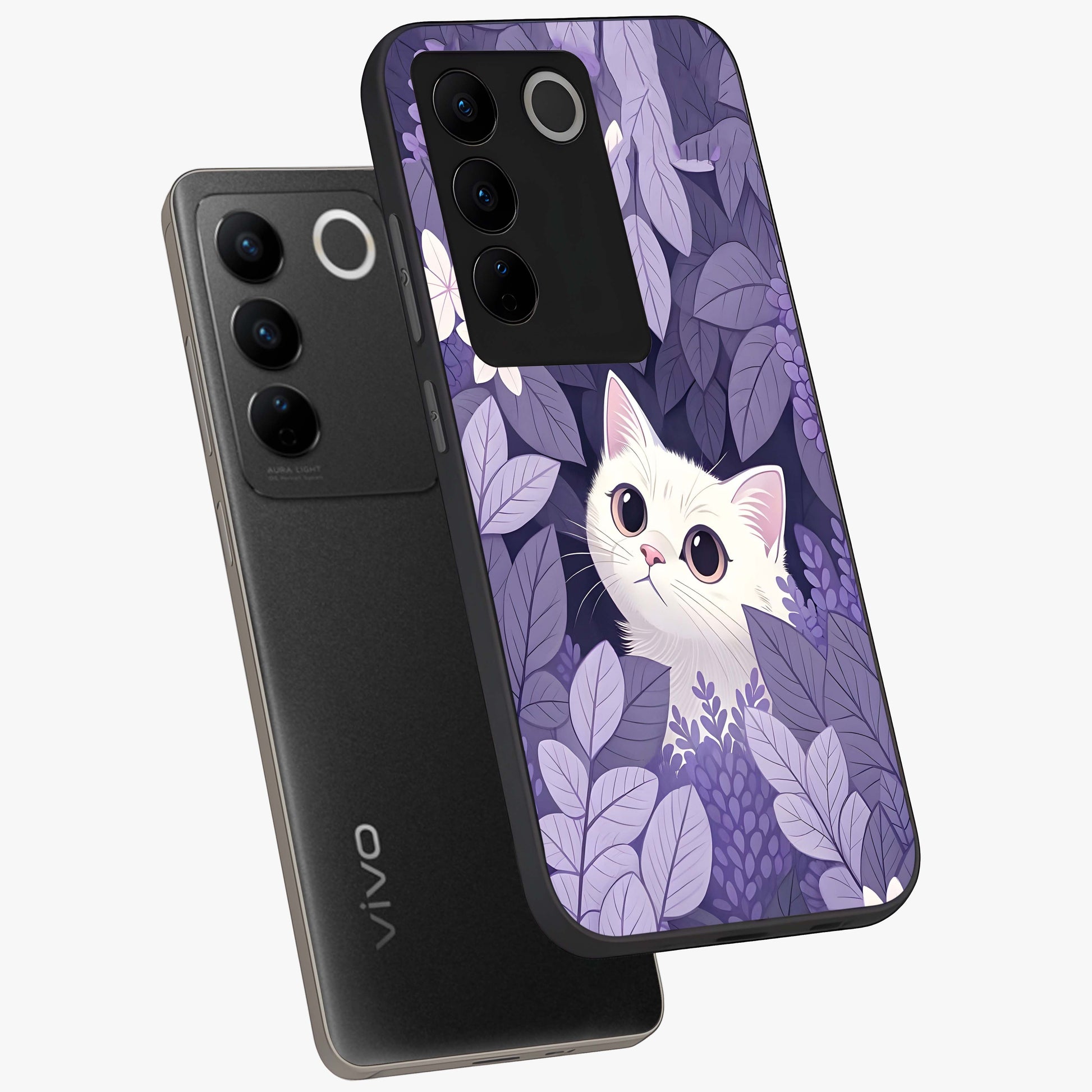 Lilac Hide Peek Cat Glass Case displayed in angled mockup highlighting playful feline illustration with lilac aesthetic design.