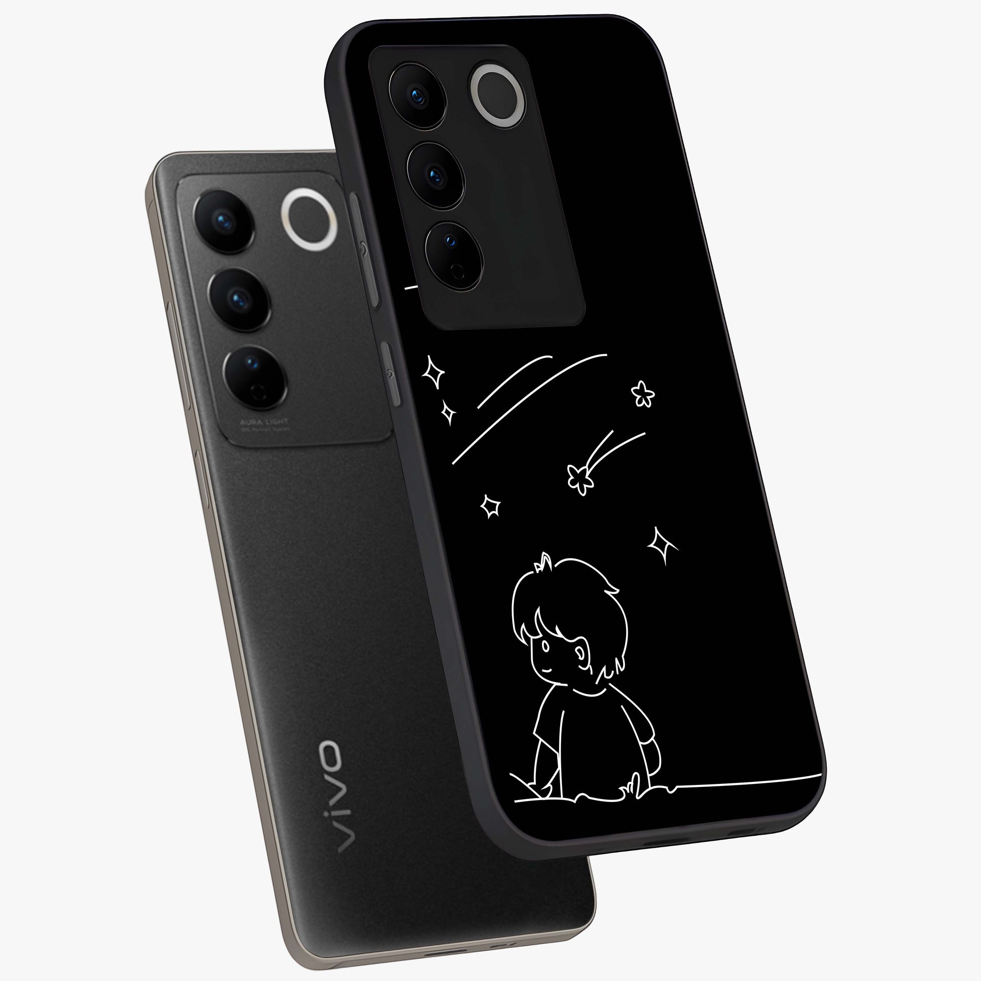 Line Art Boy With Shooting Stars Glass Case displayed in angled mockup highlighting elegant line art design with dreamy star aesthetic.