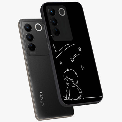 Line Art Boy With Shooting Stars Glass Case displayed in angled mockup highlighting elegant line art design with dreamy star aesthetic.