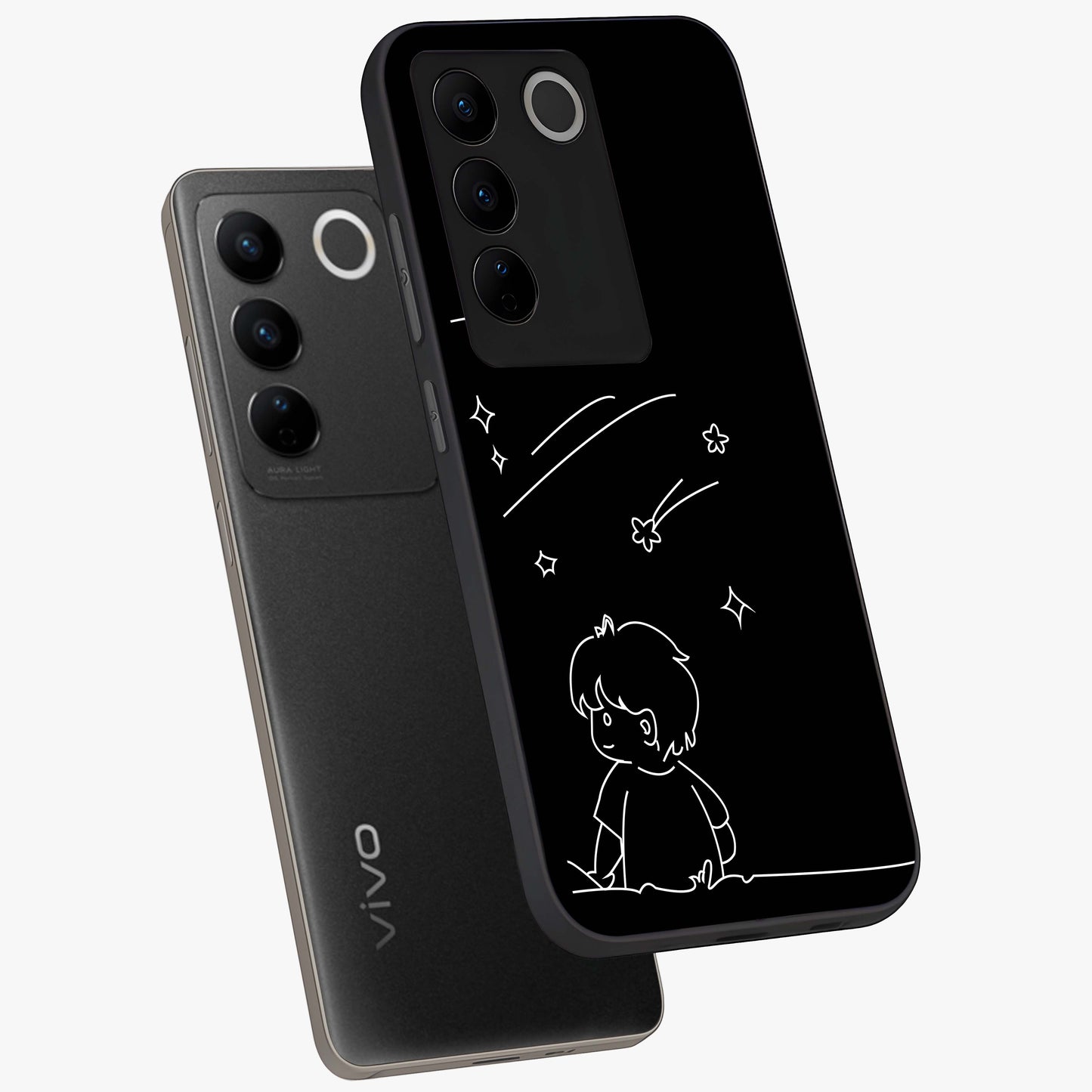 Line Art Boy With Shooting Stars Glass Case displayed in angled mockup highlighting elegant line art design with dreamy star aesthetic.