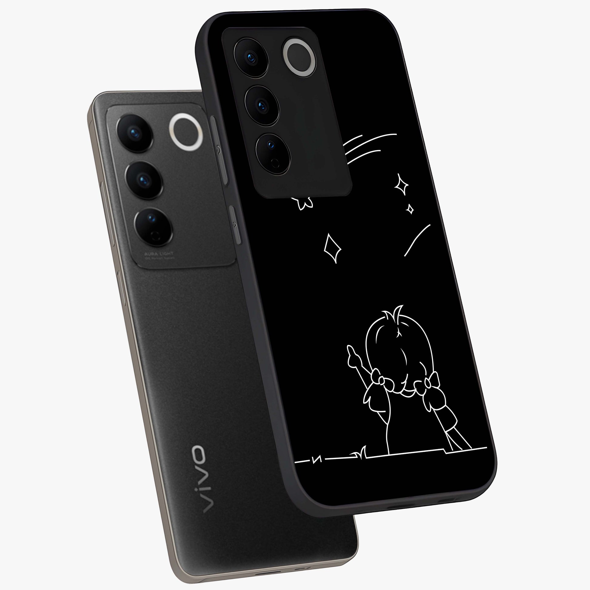 Line Art Girl With Shooting Stars Glass Case displayed in angled mockup highlighting elegant line art design with dreamy star aesthetic.