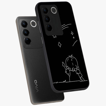 Line Art Girl With Shooting Stars Glass Case displayed in angled mockup highlighting elegant line art design with dreamy star aesthetic.