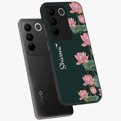 Lotus Bloom Serenity Custom Name Glass Case displayed in angled mockup highlighting graceful lotus illustration with custom name feature.