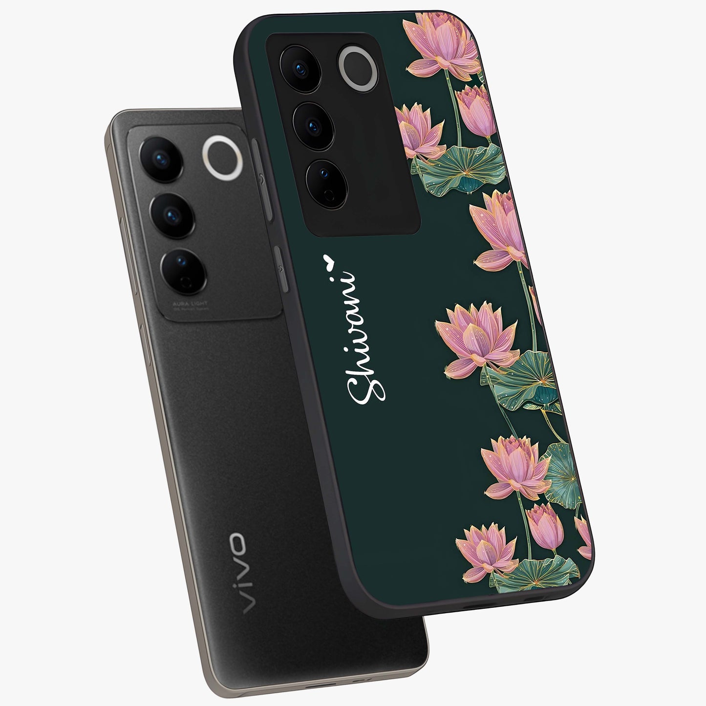Lotus Bloom Serenity Custom Name Glass Case displayed in angled mockup highlighting graceful lotus illustration with custom name feature.