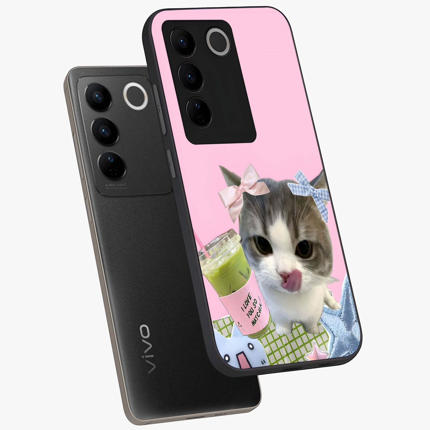 Love Matcha Cat Glass Case displayed in angled mockup highlighting playful feline illustration with cozy matcha aesthetic.