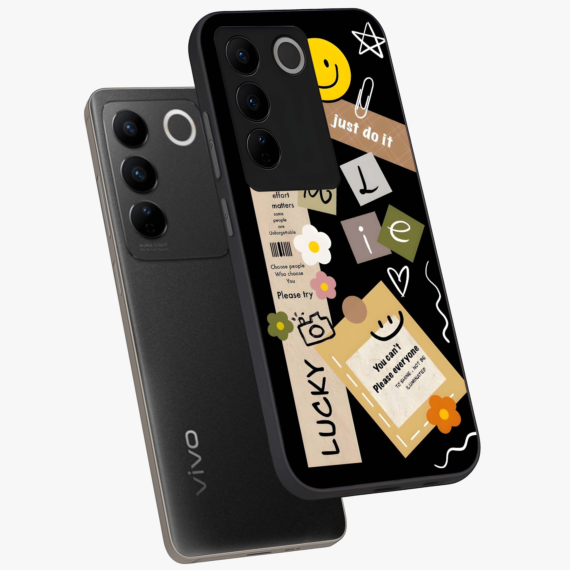 Lucky Aesthetic Collage Glass Case displayed in angled mockup highlighting stylish collage pattern with modern aesthetic vibe.