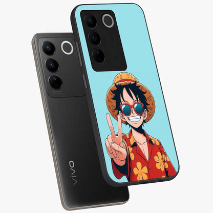 Luffy Summer Anime Vibe Glass Case displayed in angled mockup highlighting energetic anime illustration with summer vibe aesthetic.