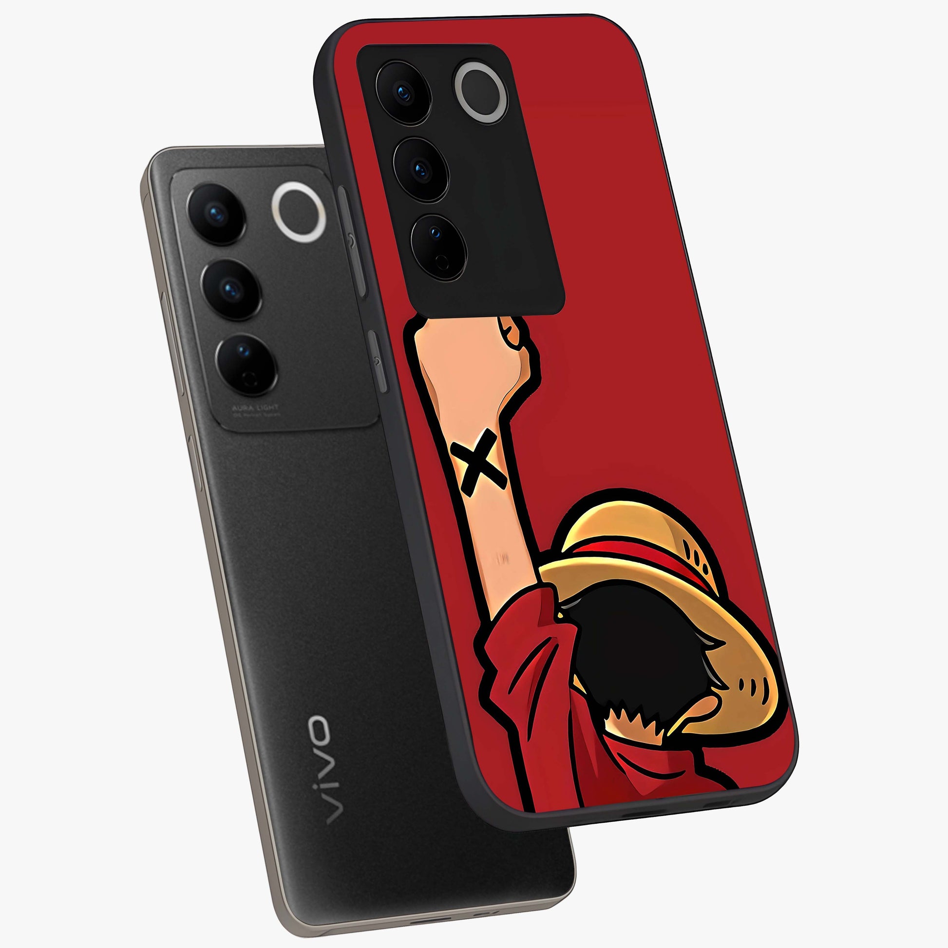 Luffy X Spirit Glass Case displayed in angled mockup highlighting powerful anime design with energetic action aesthetic.