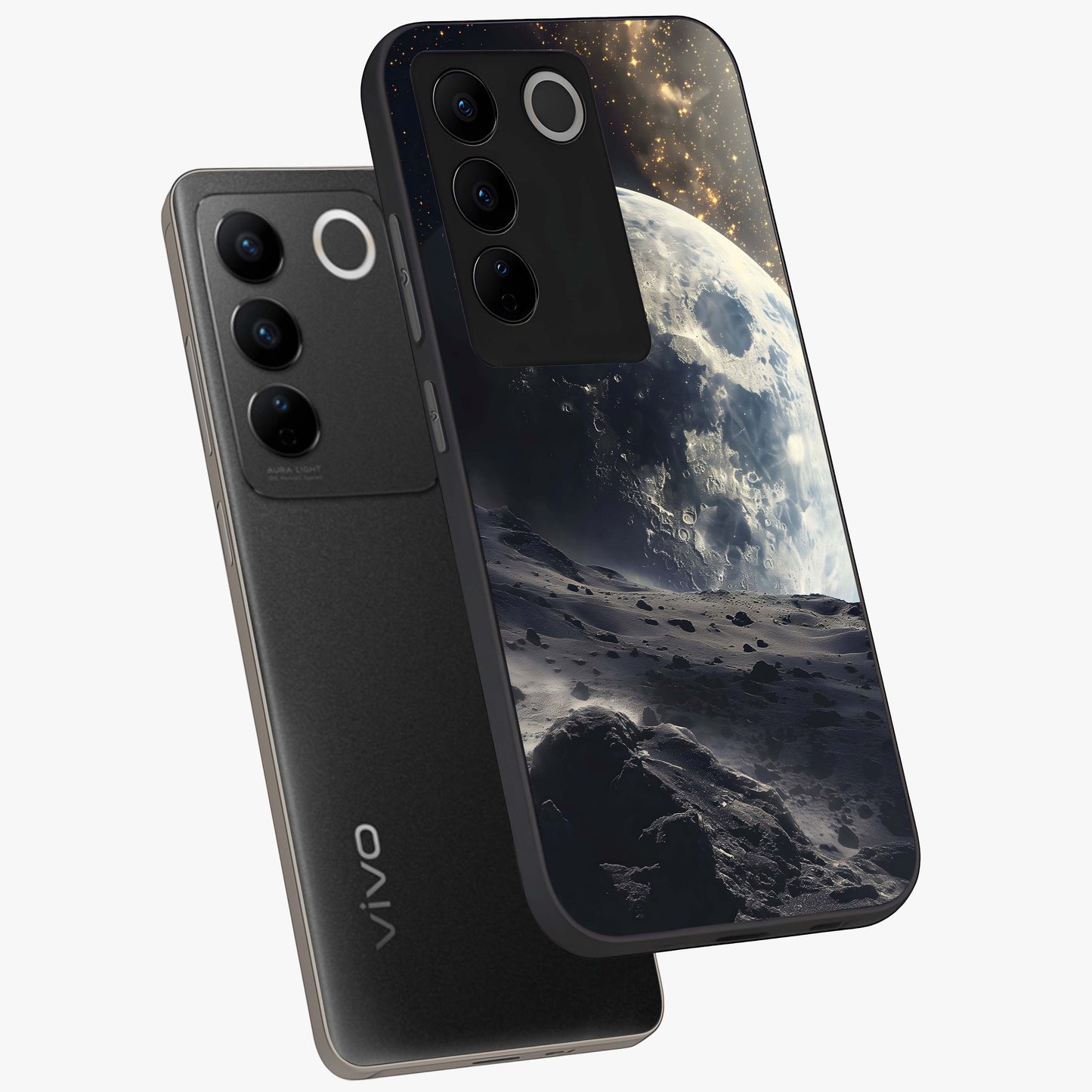 Lunar Horizon Glow Glass Case displayed in angled mockup highlighting celestial moon design with dreamy night aesthetic.
