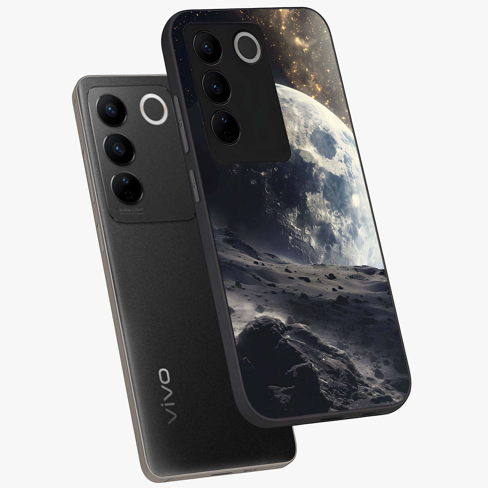 Lunar Horizon Glow Glass Case displayed in angled mockup highlighting celestial moon design with dreamy night aesthetic.