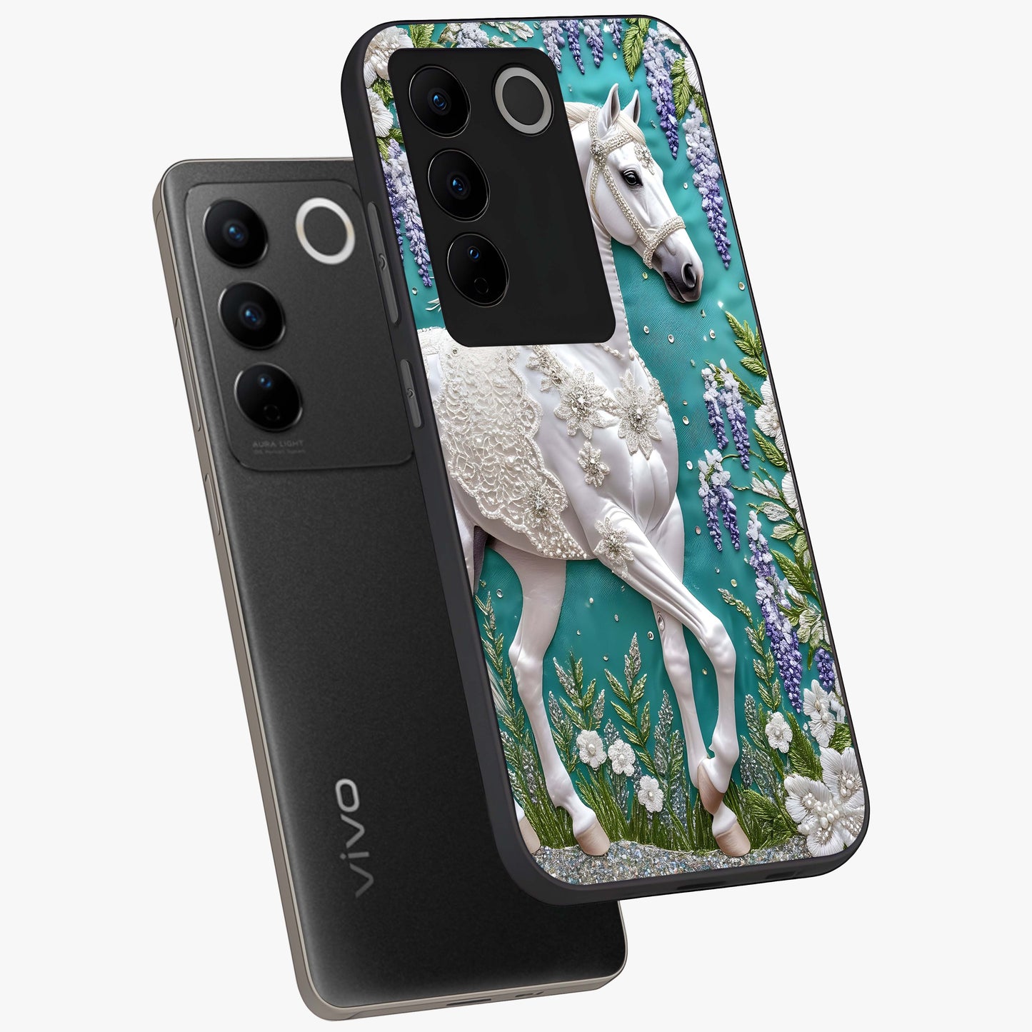 Majestic Floral Stallion Glass Case displayed in angled mockup highlighting majestic stallion illustration with elegant floral aesthetic.
