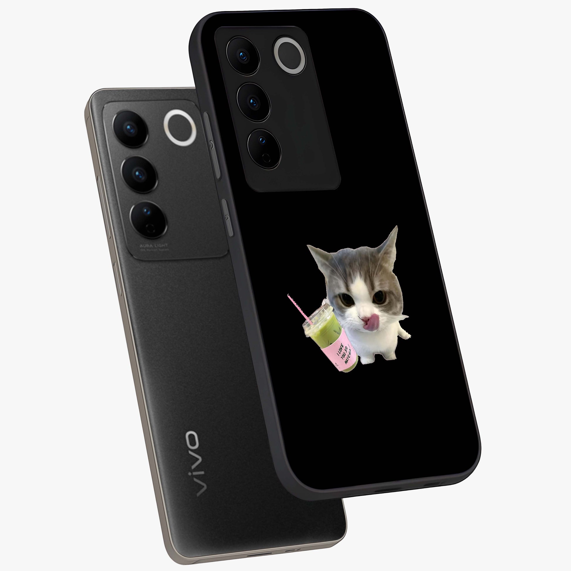 Matcha Cat Style Glass Case displayed in angled mockup highlighting playful feline design with pastel matcha aesthetic.