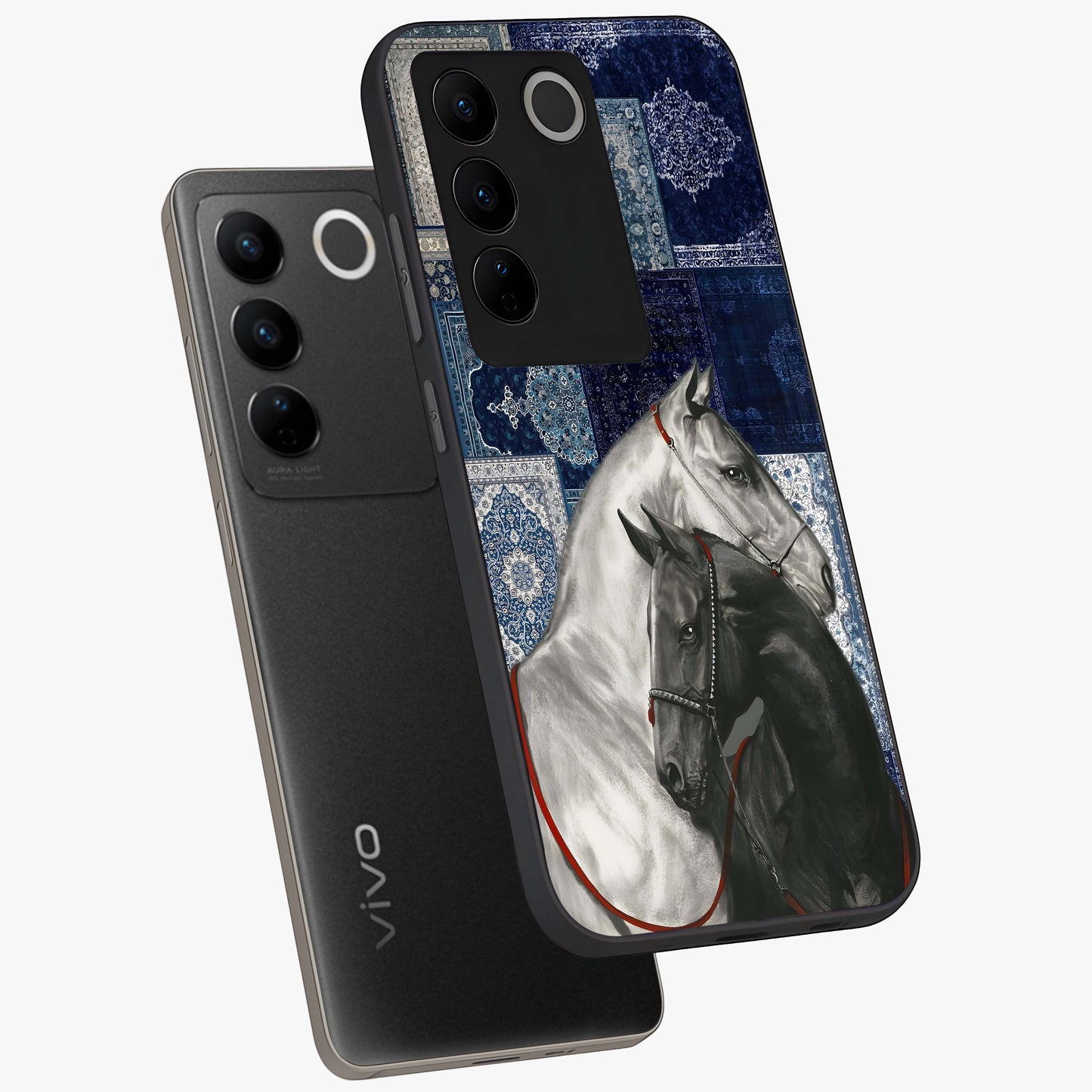 Midnight Stallion Blues Glass Case displayed in angled mockup highlighting powerful stallion illustration with deep midnight tones.