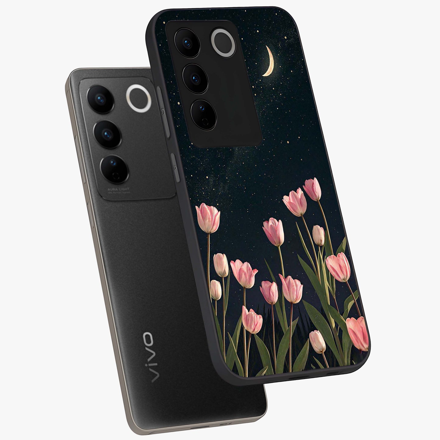 Midnight Tulip Whispers Vibe Glass Case displayed in angled mockup highlighting delicate tulip design with midnight floral aesthetic.