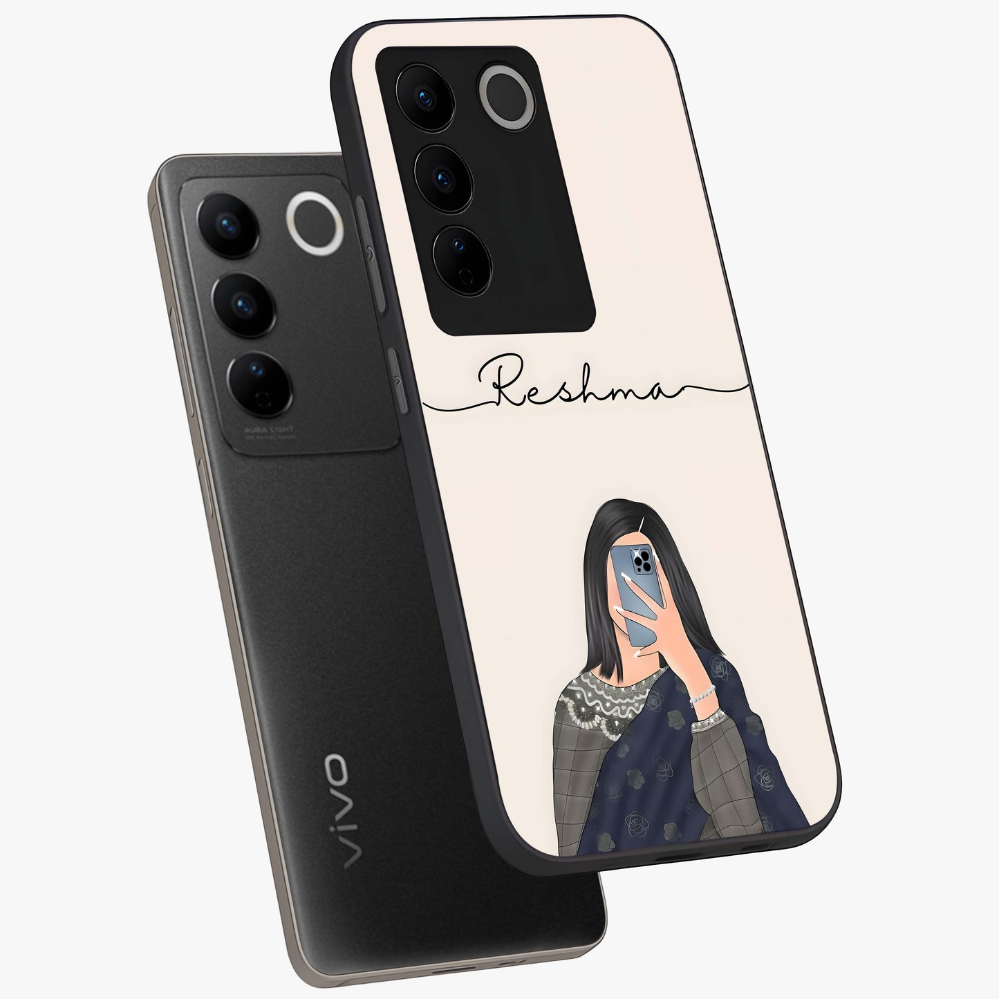 Mirror Mood Muse With Custom Name Glass Case displayed in angled mockup highlighting aesthetic mirror inspired design with custom name feature.