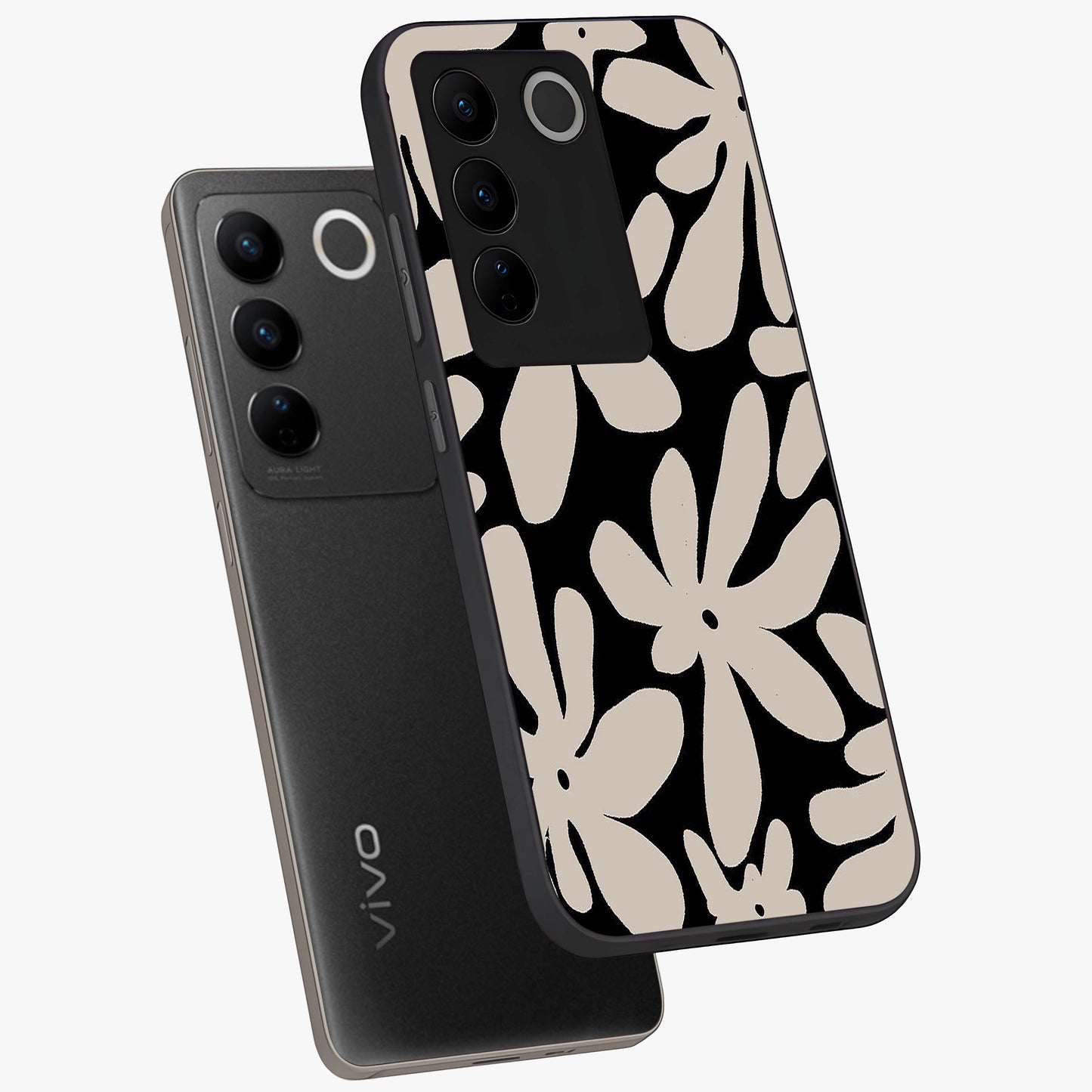 Monochrome Petal Dance Glass Case displayed in angled mockup highlighting elegant petal design with black and white aesthetic.