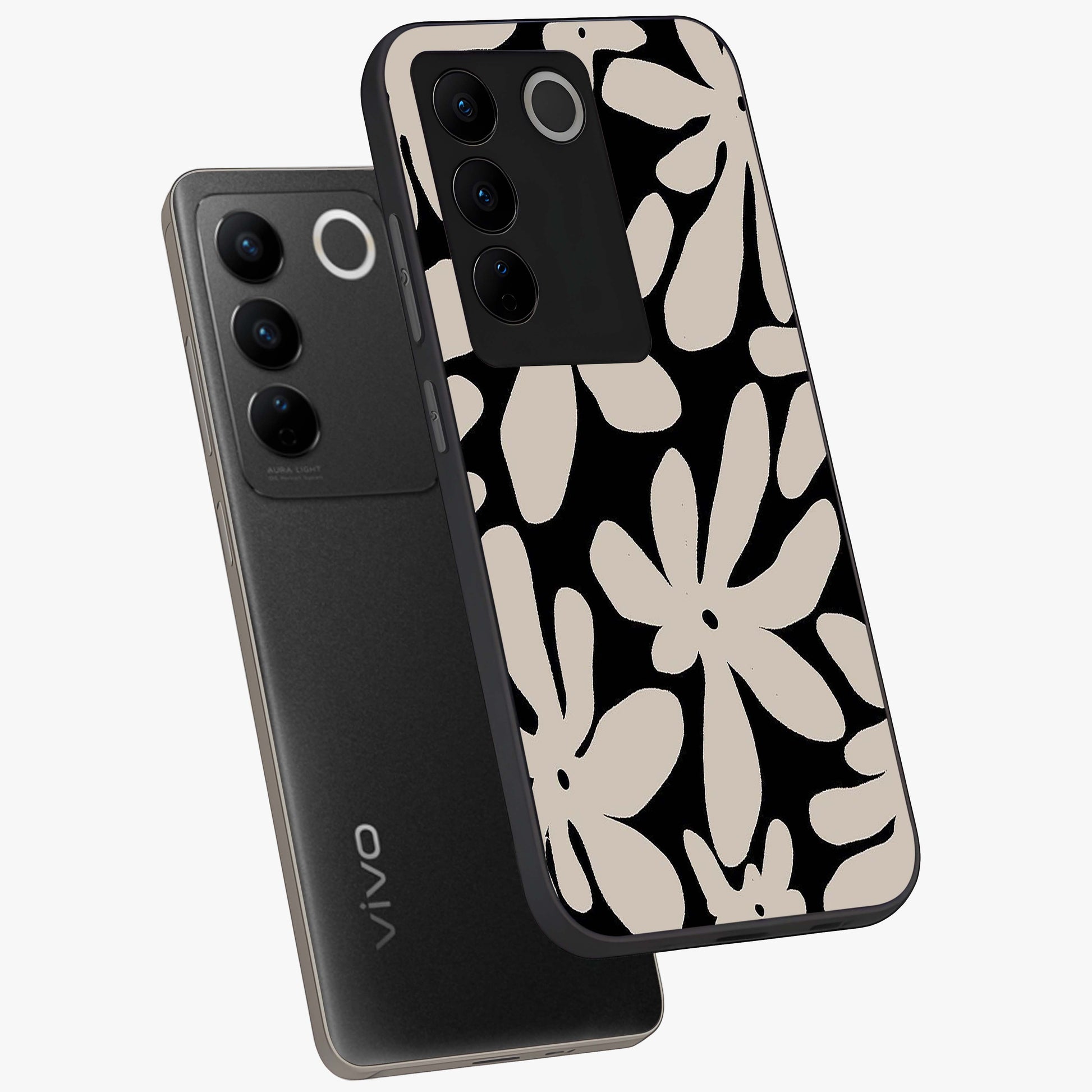 Monochrome Petal Dance Glass Case displayed in angled mockup highlighting elegant petal design with black and white aesthetic.