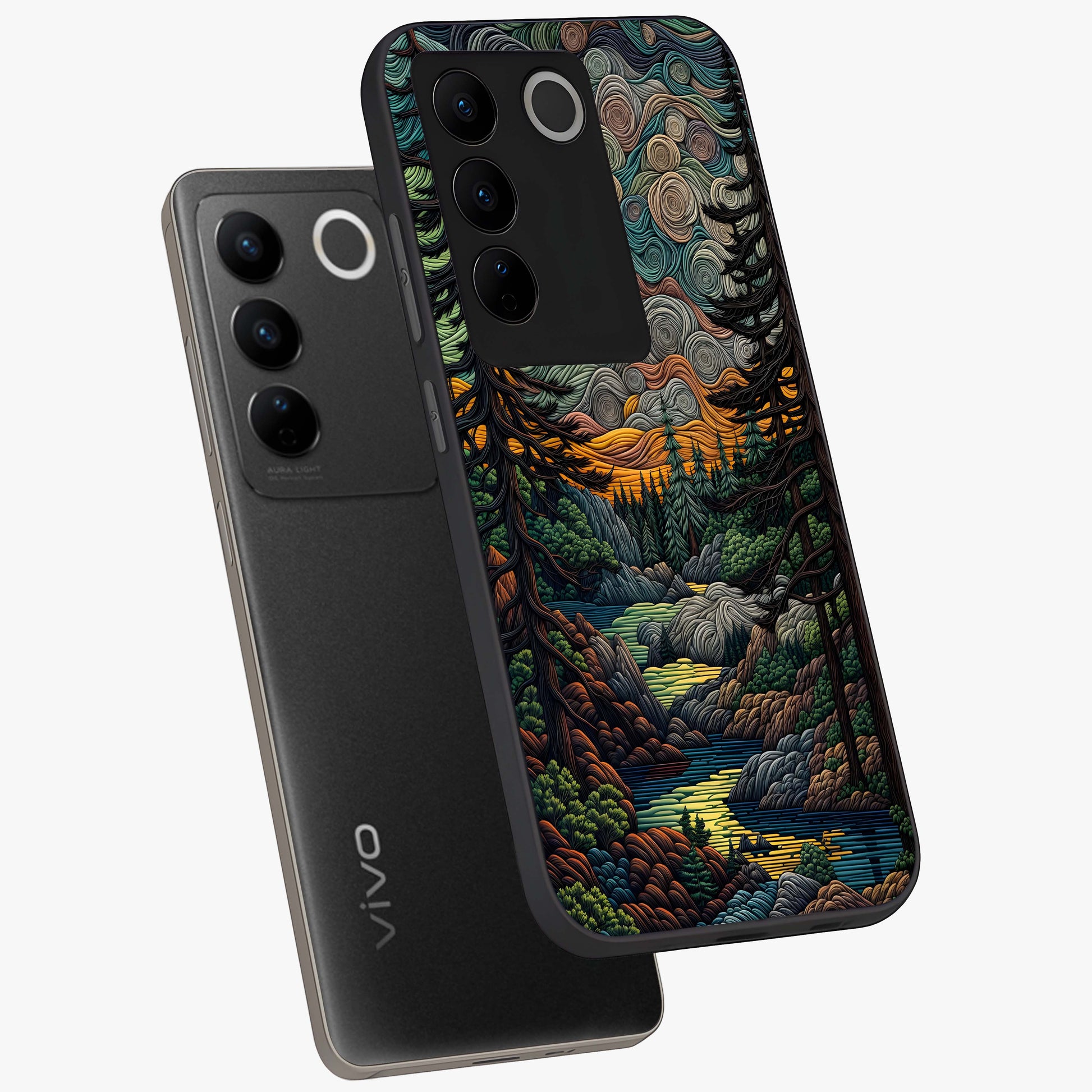 Moonlight Forest Dream Glass Case displayed in angled mockup highlighting dreamy forest design with glowing moon aesthetic.