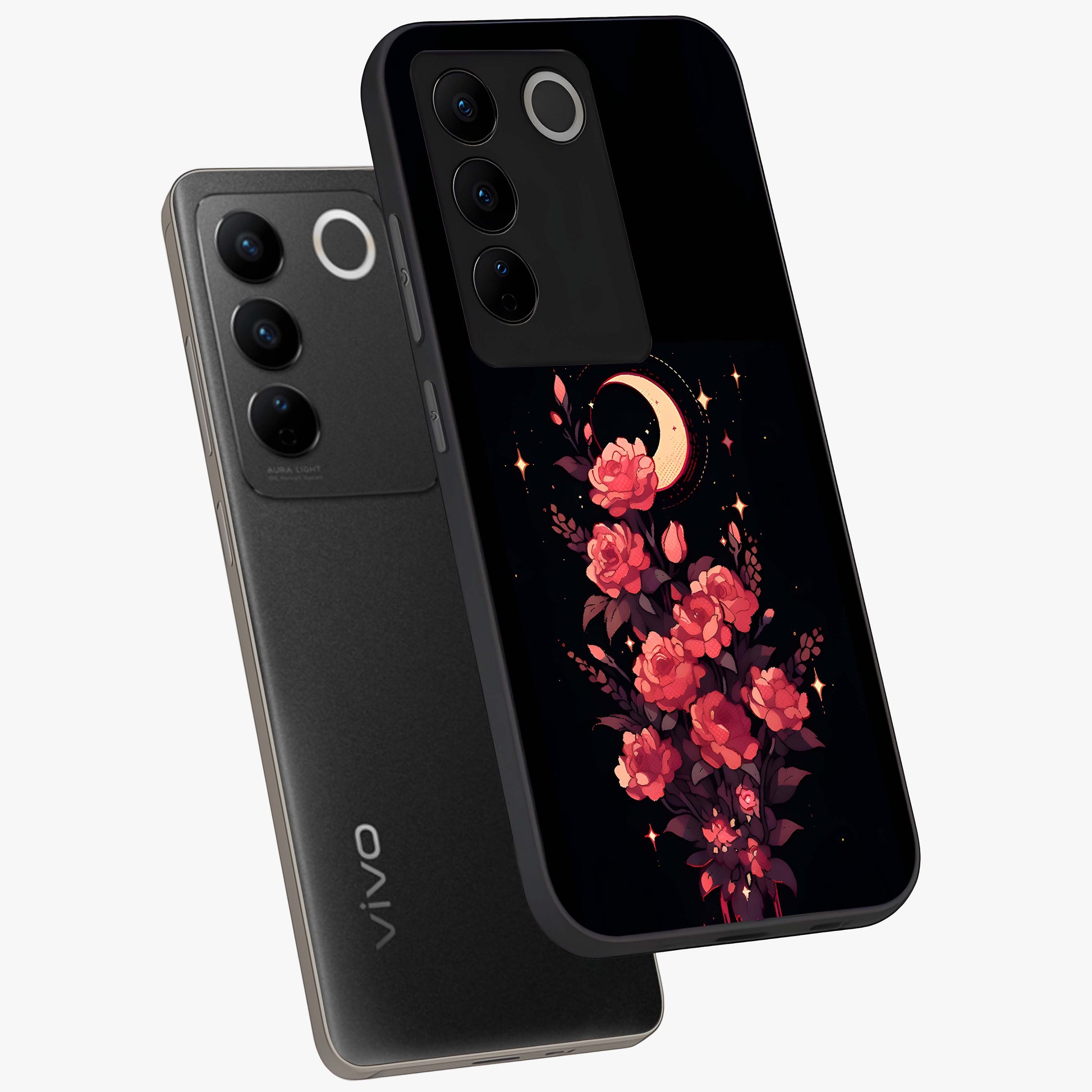 Moonlit Floral Elegance Glass Case displayed in angled mockup highlighting graceful flower design with soft moonlight aesthetic.