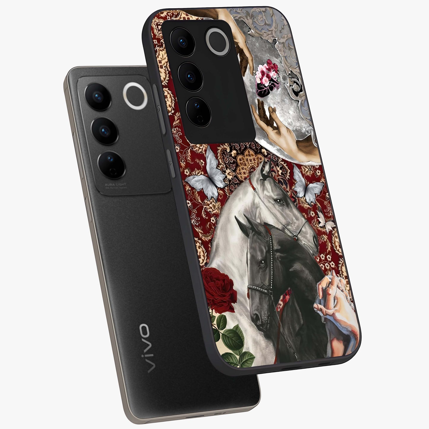 Moonlit Royal Stallion Glass Case displayed in angled mockup highlighting powerful stallion illustration with royal night aesthetic.