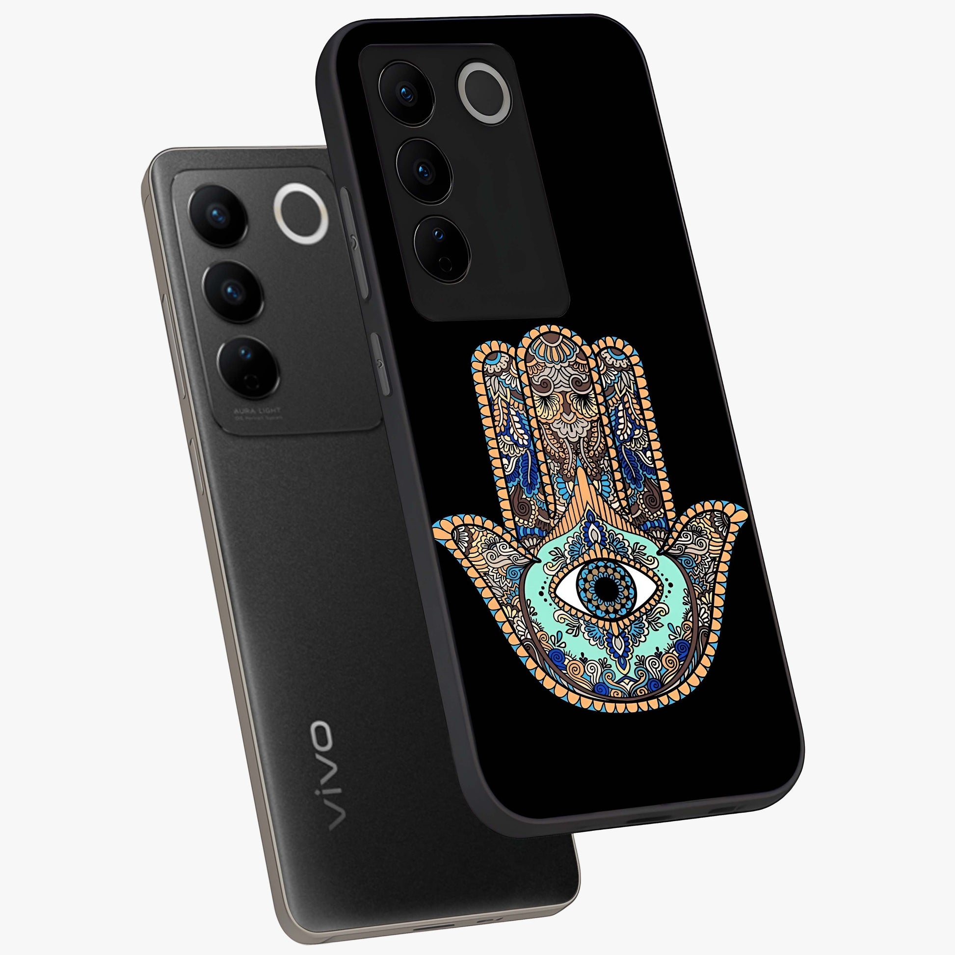 Mystic Hamsa Eye Glass Case displayed in angled mockup highlighting spiritual hamsa symbol with mystical aesthetic style.
