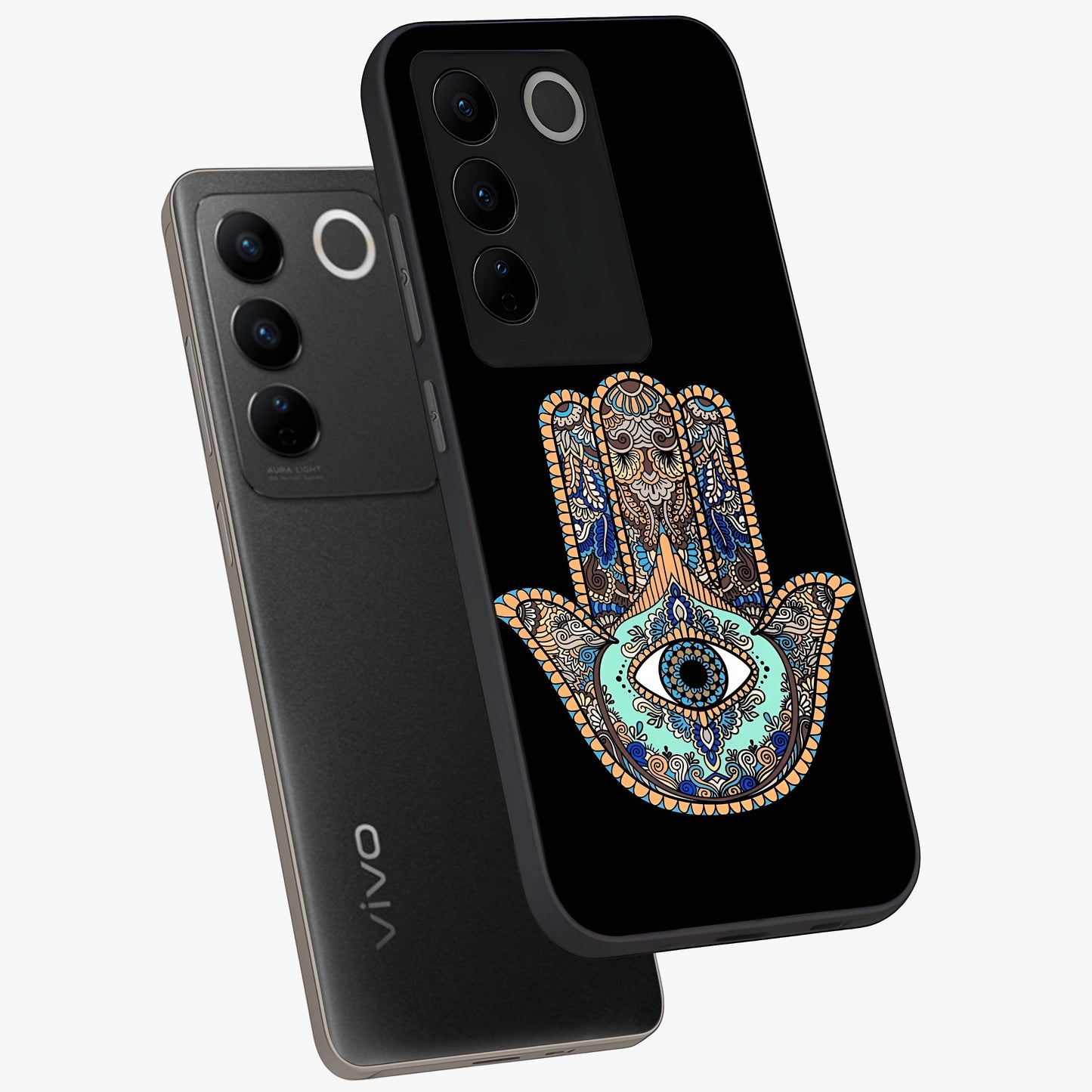 Mystic Hamsa Eye Glass Case displayed in angled mockup highlighting spiritual hamsa symbol with mystical aesthetic style.